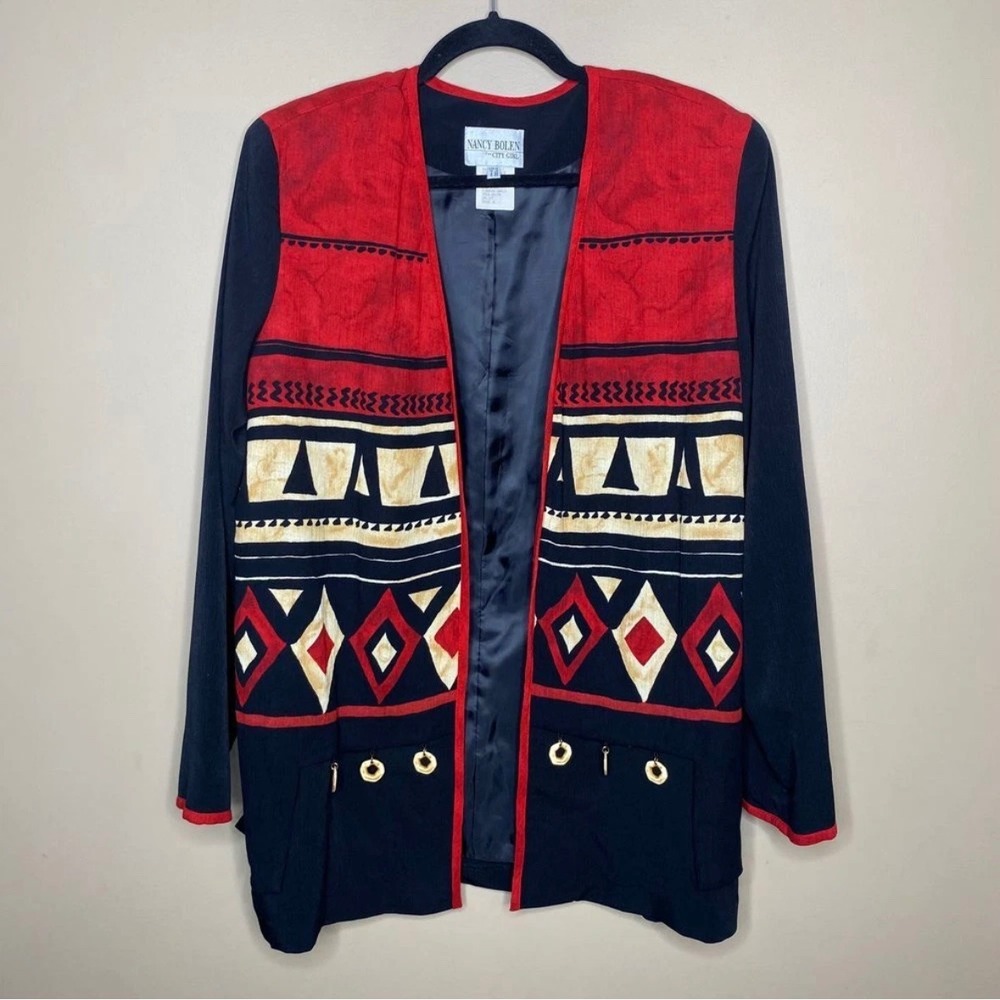 Nancy Bolen City Girl Vintage 90s Tribal Geometric Open Front Blazer Jacket 14